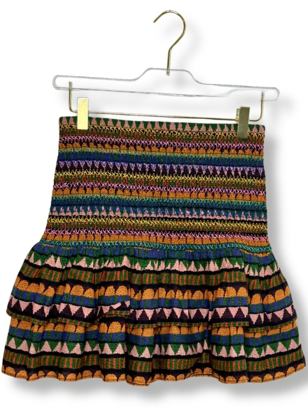 Farm Rio Graphic Toucans Stripe Mini Skirt Smocked Tiered Boho XS